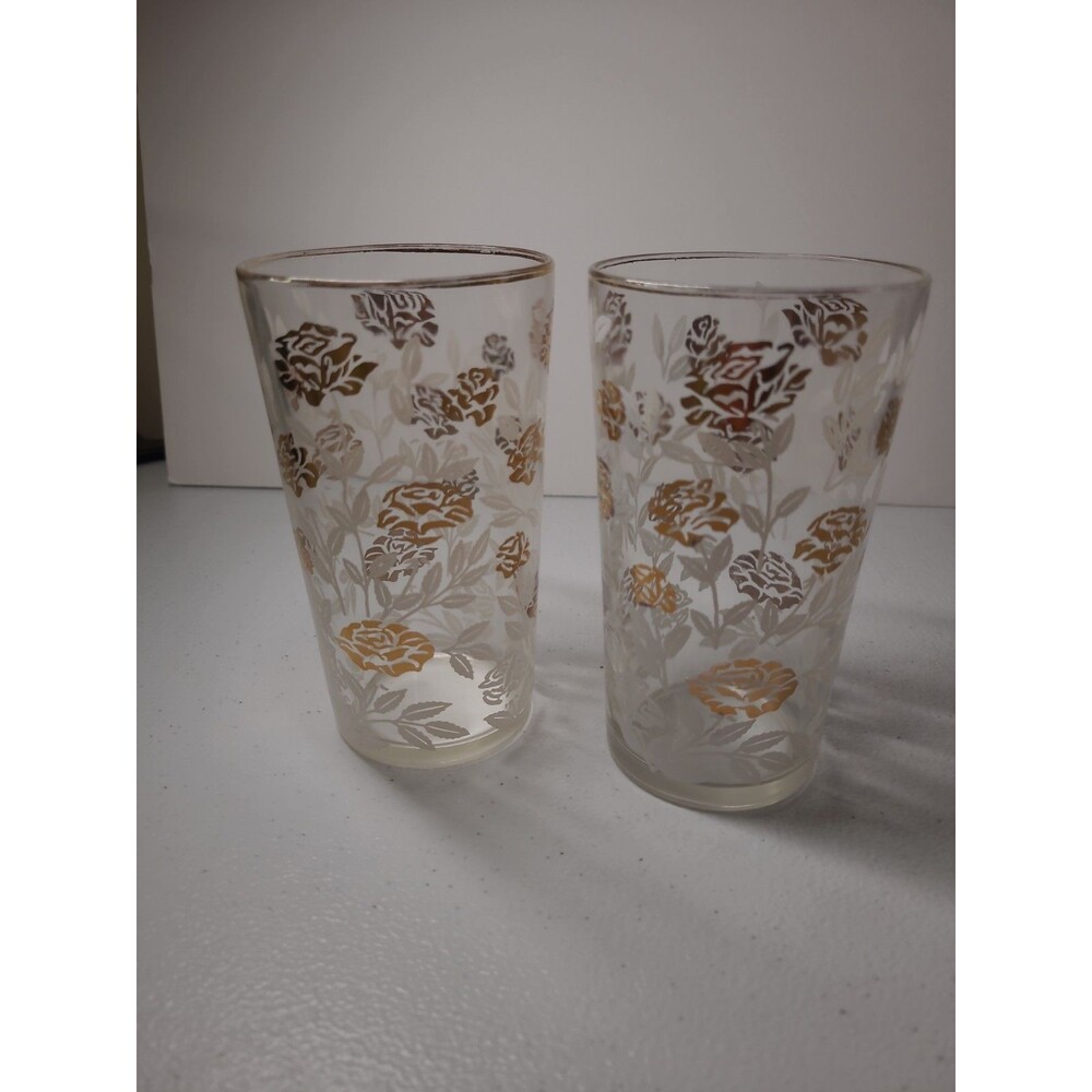 Vintage Libbey Gold Rose Juice Glasses–Set of 2–Floral Drinkware – Retro Barware